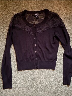 H&M Black Long Sleeve Cardigan With Sheer Floral Lace Yoke - XS